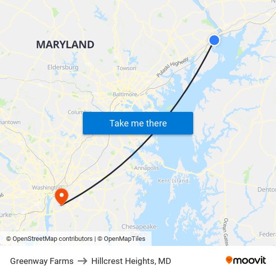 Greenway Farms to Hillcrest Heights, MD map