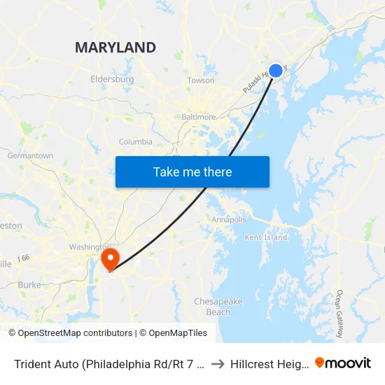 Trident Auto (Philadelphia Rd/Rt 7 & Edgewood Rd) to Hillcrest Heights, MD map