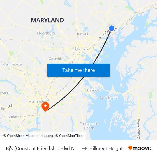 Bj's (Constant Friendship Blvd Near Circle) to Hillcrest Heights, MD map
