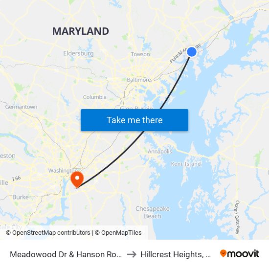 Meadowood Dr & Hanson Road to Hillcrest Heights, MD map