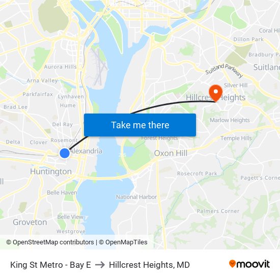 King St Metro - Bay E to Hillcrest Heights, MD map