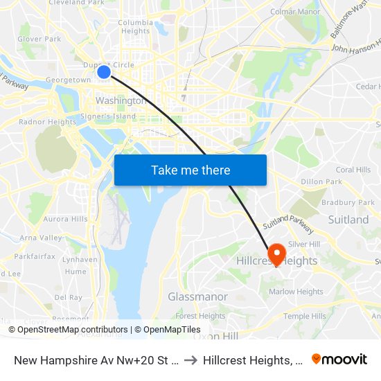 New Hampshire Av Nw+20 St NW to Hillcrest Heights, MD map