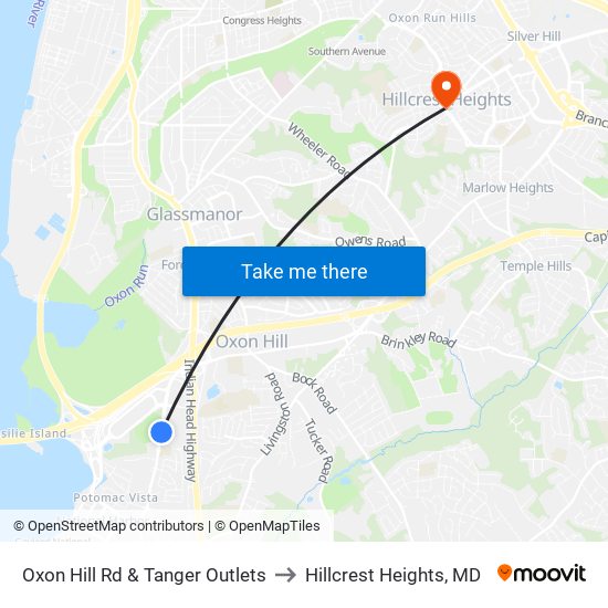 Oxon Hill Rd & Tanger Outlets to Hillcrest Heights, MD map
