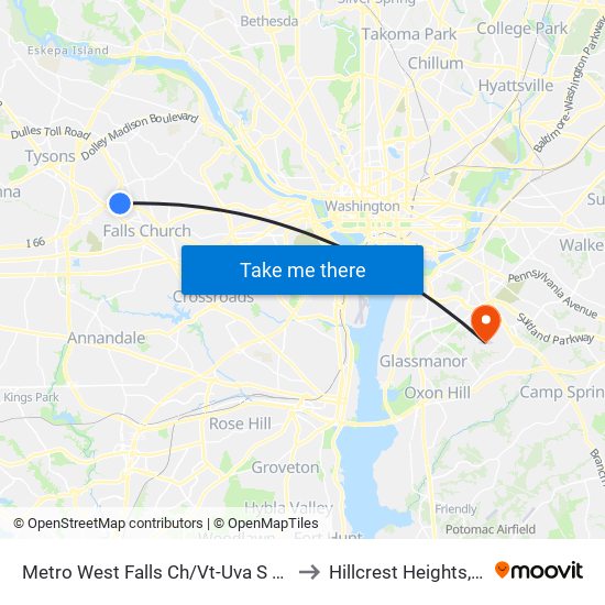 Metro West Falls Ch/Vt-Uva S Bay C to Hillcrest Heights, MD map