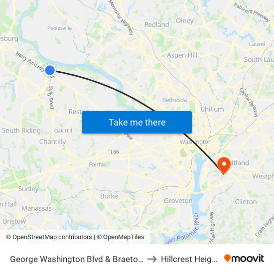 George Washington Blvd & Braeton Bay Terrace to Hillcrest Heights, MD map