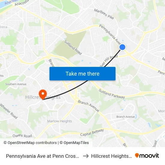 Pennsylvania Ave at Penn Crossing Dr to Hillcrest Heights, MD map