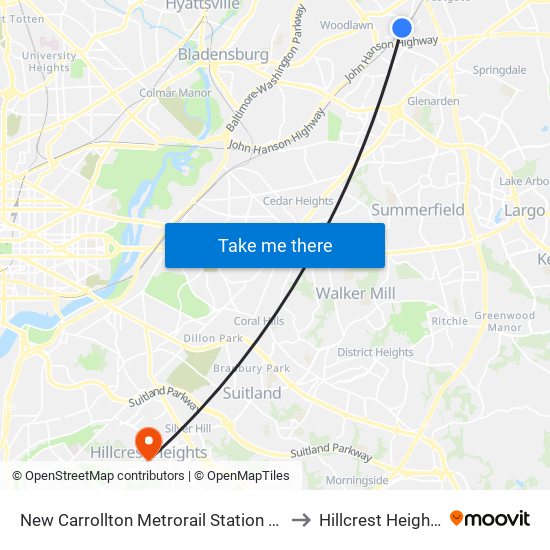 New Carrollton Metrorail Station at Bus Bay K to Hillcrest Heights, MD map