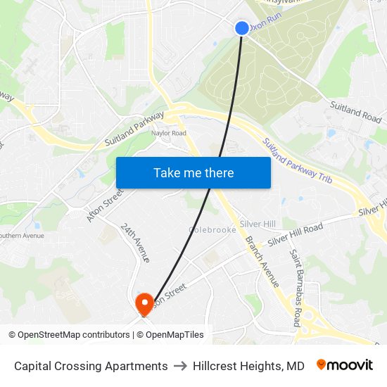 Capital Crossing Apartments to Hillcrest Heights, MD map