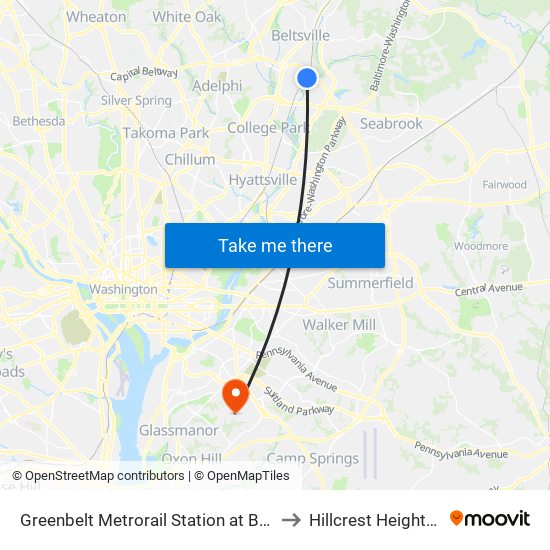 Greenbelt Metrorail Station at Bus Bay E to Hillcrest Heights, MD map