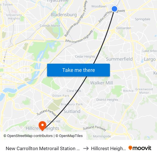 New Carrollton Metrorail Station at Bus Bay F to Hillcrest Heights, MD map