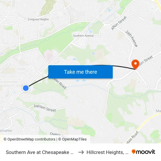 Southern Ave at Chesapeake St SE to Hillcrest Heights, MD map