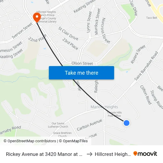 Rickey Avenue at 3420 Manor at Victoria Park to Hillcrest Heights, MD map