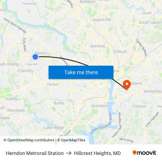 Herndon Metrorail Station to Hillcrest Heights, MD map