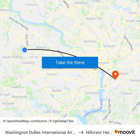 Washington Dulles International Airport Metrorail Station to Hillcrest Heights, MD map