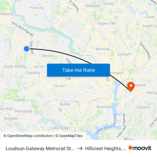 Loudoun Gateway Metrorail Station to Hillcrest Heights, MD map