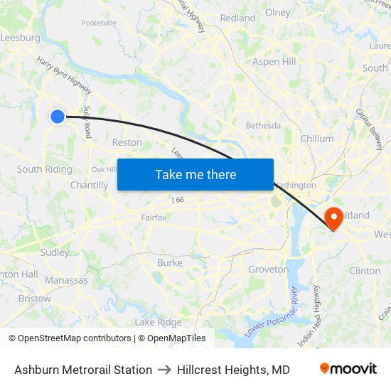 Ashburn Metrorail Station to Hillcrest Heights, MD map