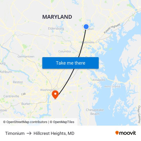 Timonium to Hillcrest Heights, MD map