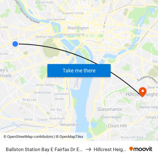 Ballston Station Bay E Fairfax Dr Eb @ N Stuart St to Hillcrest Heights, MD map