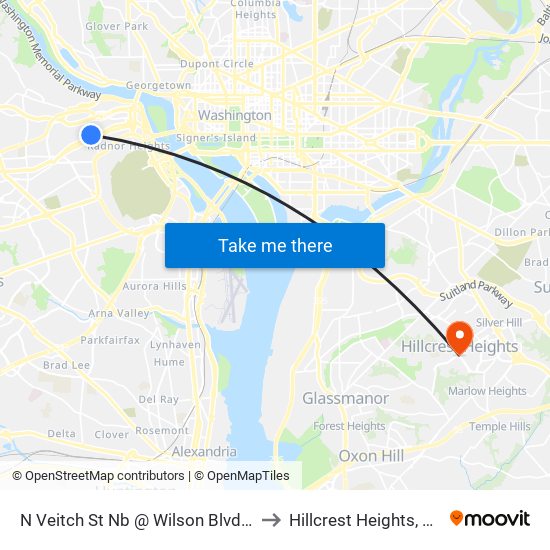 N Veitch St Nb @ Wilson Blvd FS to Hillcrest Heights, MD map