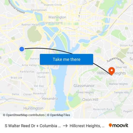 S Walter Reed Dr + Columbia Pk to Hillcrest Heights, MD map