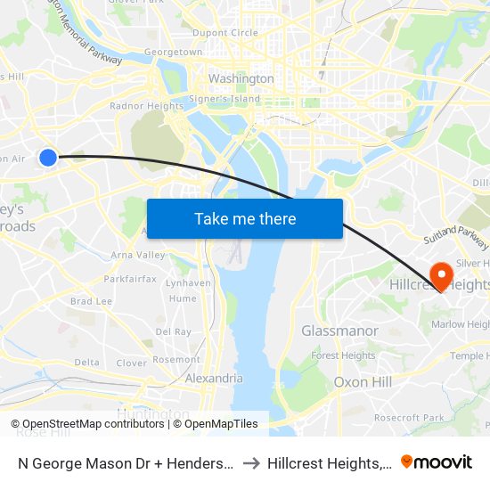 N George Mason Dr + Henderson Rd to Hillcrest Heights, MD map