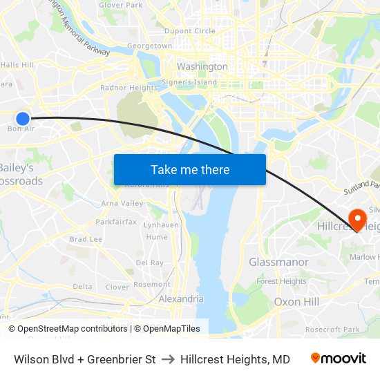 Wilson Blvd + Greenbrier St to Hillcrest Heights, MD map