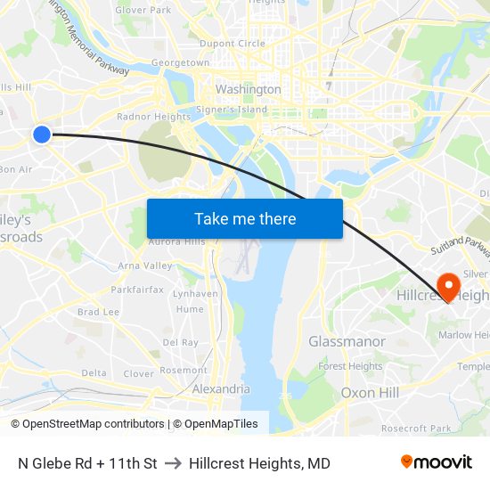 N Glebe Rd + 11th St to Hillcrest Heights, MD map