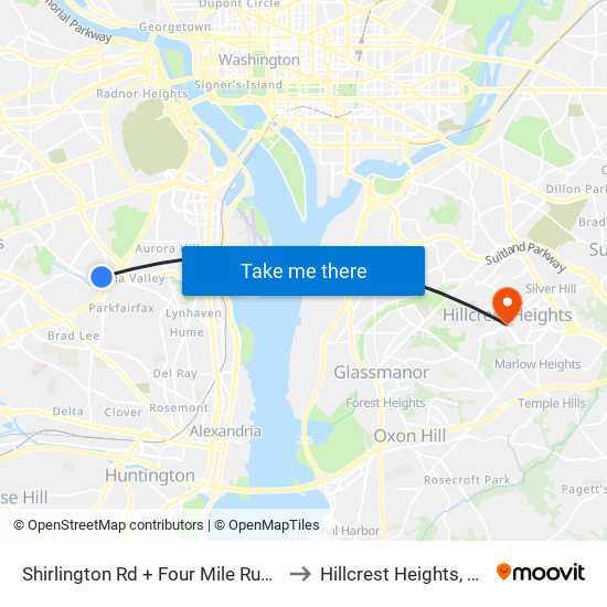 Shirlington Rd + Four Mile Run Dr to Hillcrest Heights, MD map