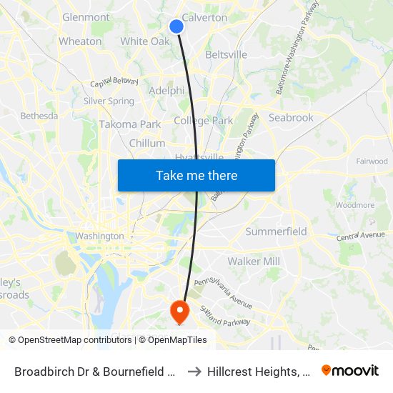 Broadbirch Dr & Bournefield Way to Hillcrest Heights, MD map