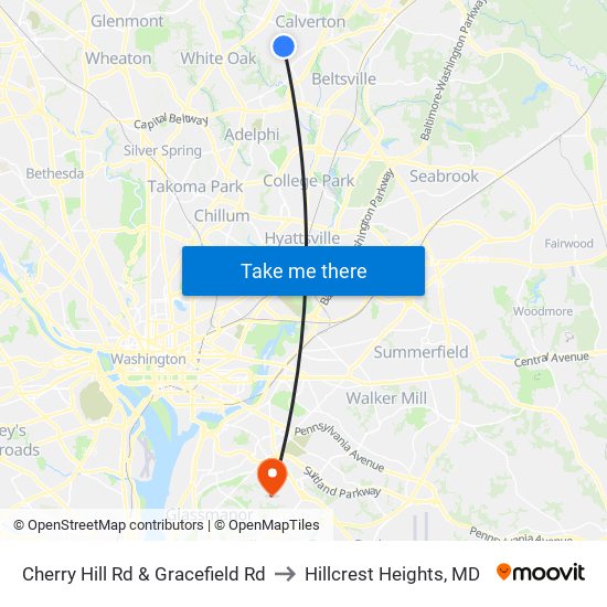 Cherry Hill Rd & Gracefield Rd to Hillcrest Heights, MD map