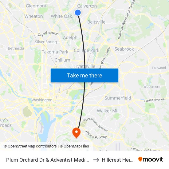 Plum Orchard Dr & Adventist Medical Cen White Oak to Hillcrest Heights, MD map