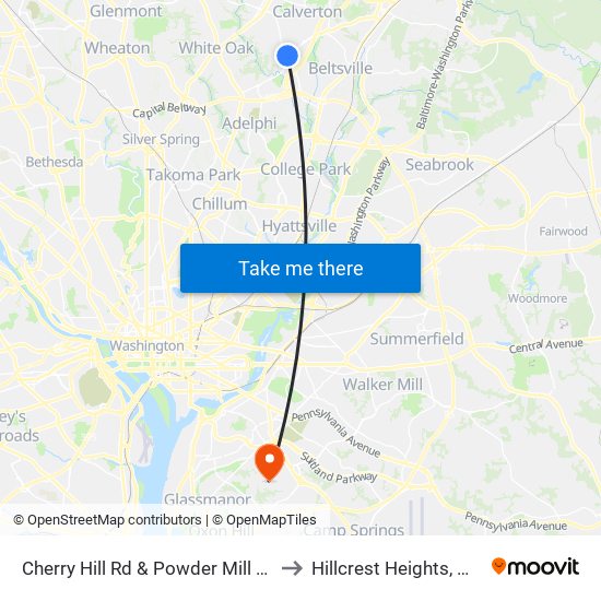 Cherry Hill Rd & Powder Mill Rd to Hillcrest Heights, MD map