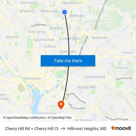 Cherry Hill Rd + Cherry Hill Ct to Hillcrest Heights, MD map