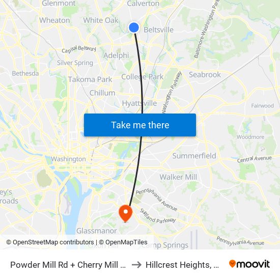 Powder Mill Rd + Cherry Mill Rd to Hillcrest Heights, MD map