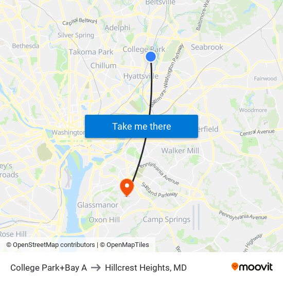 College Park+Bay A to Hillcrest Heights, MD map