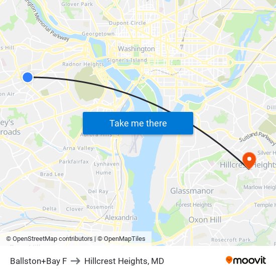 Ballston+Bay F to Hillcrest Heights, MD map