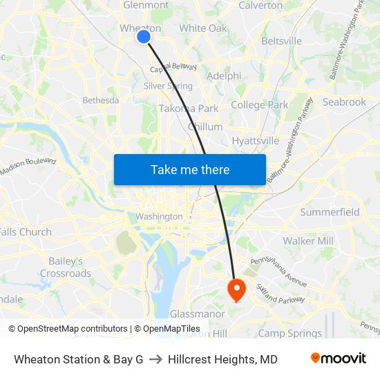 Wheaton Station & Bay G to Hillcrest Heights, MD map