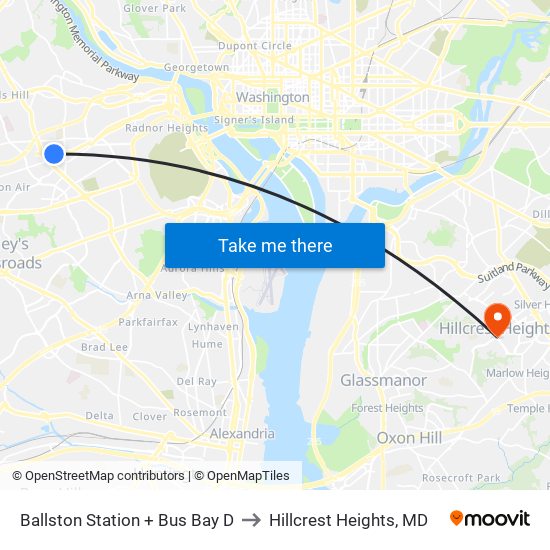 Ballston Station + Bus Bay D to Hillcrest Heights, MD map