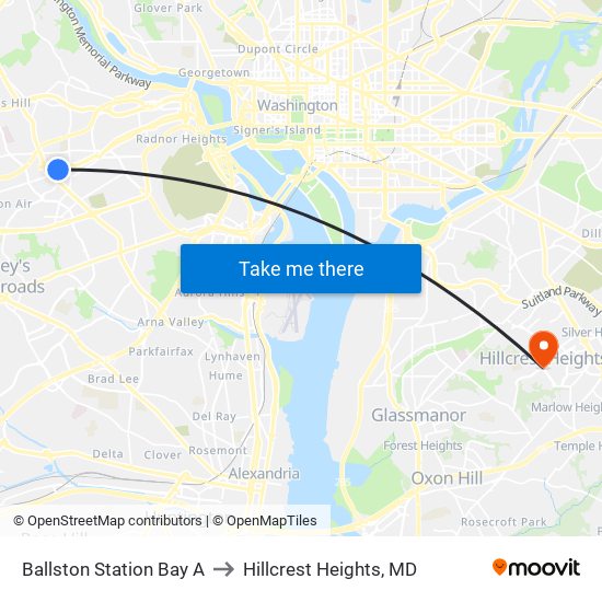 Ballston Station Bay A to Hillcrest Heights, MD map