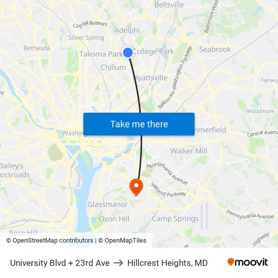 University Blvd + 23rd Ave to Hillcrest Heights, MD map