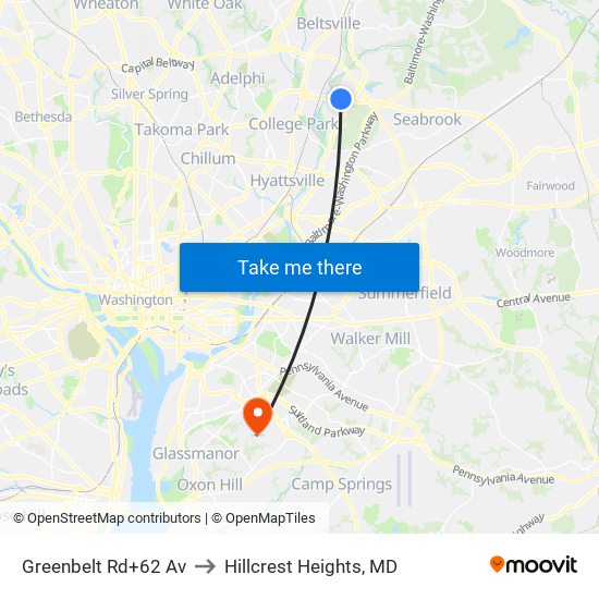 Greenbelt Rd+62 Av to Hillcrest Heights, MD map