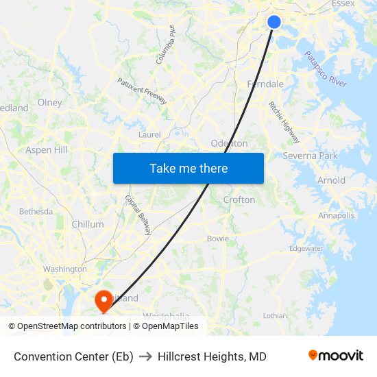 Convention Center (Eb) to Hillcrest Heights, MD map