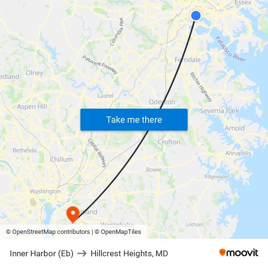 Inner Harbor (Eb) to Hillcrest Heights, MD map