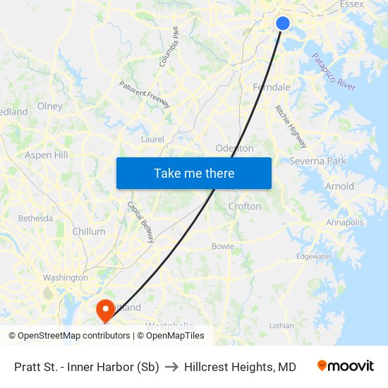 Pratt St. - Inner Harbor (Sb) to Hillcrest Heights, MD map