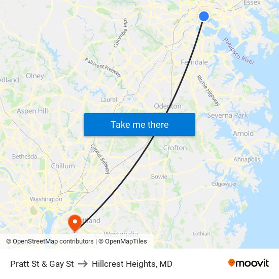 Pratt St & Gay St to Hillcrest Heights, MD map