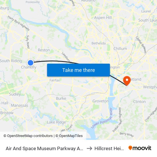 Air And Space Museum Parkway And Endeavor Drive to Hillcrest Heights, MD map