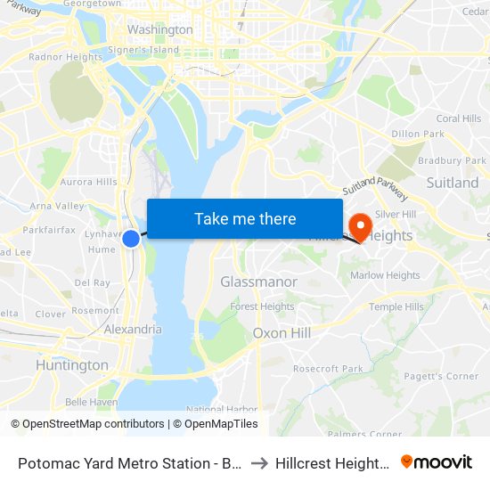 Potomac Yard Metro Station - Bus Bay A to Hillcrest Heights, MD map