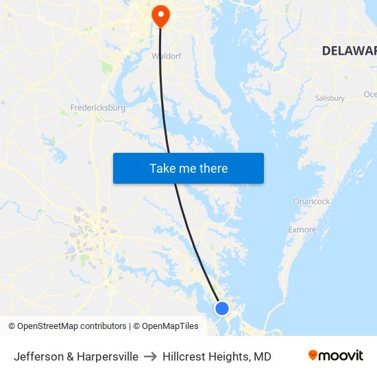Jefferson & Harpersville to Hillcrest Heights, MD map