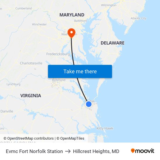 Evmc Fort Norfolk Station to Hillcrest Heights, MD map