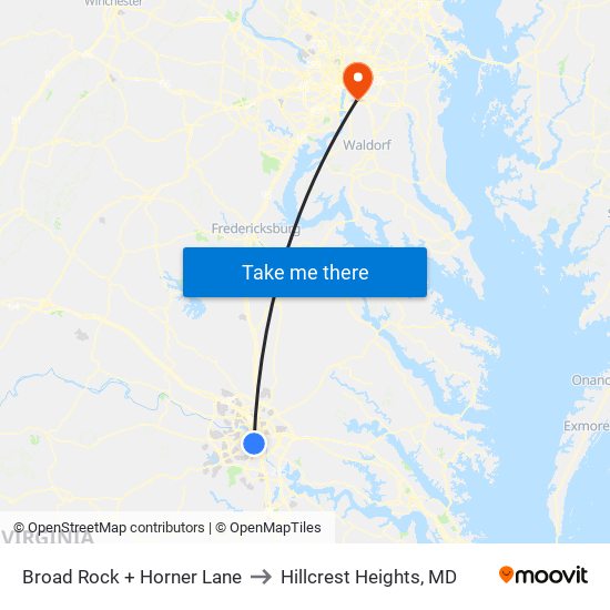 Broad Rock + Horner Lane to Hillcrest Heights, MD map